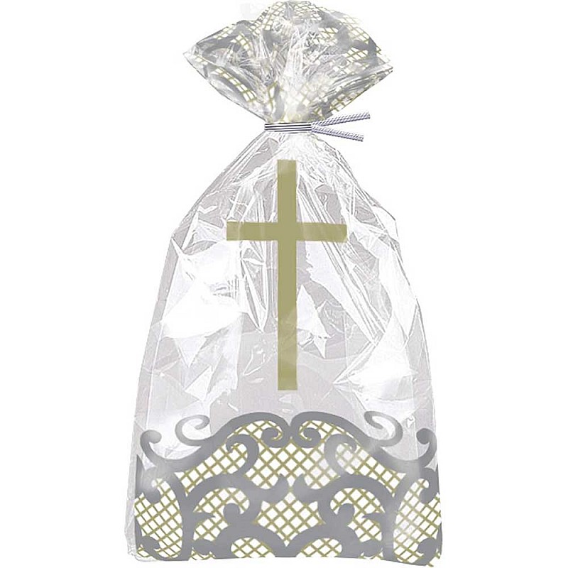 Silver with Gold Cross Plastic Cello Bags and twist ties (20ct) Silver with Gold Cross Plastic Cello Bags and twist ties (20ct)